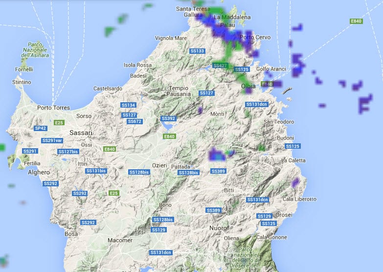radar - Diretta meteo: piovaschi in Costa Smeralda e Logudoro