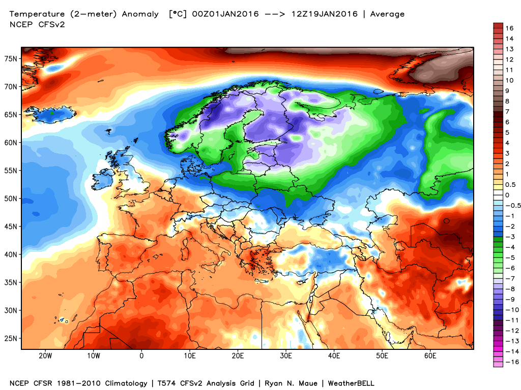 Le anomalie termiche in Europa dal giorno 01 al 19 gennaio 2016.