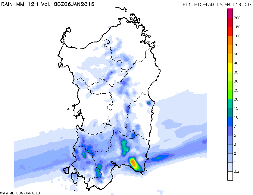 L'accumulo di pioggia dalle ore 12 alla prossima mezzanotte.