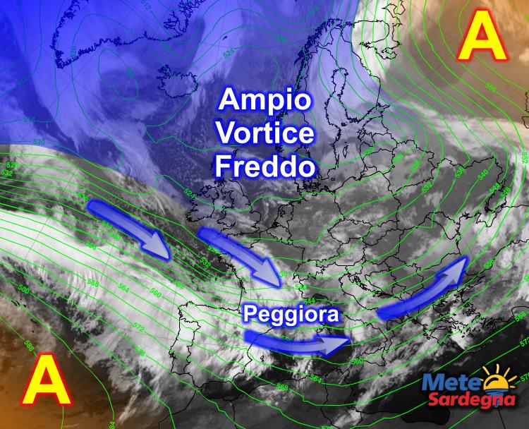 Meteosat4 - Lunga scia di perturbazioni avanza verso la Sardegna