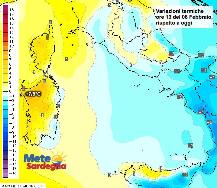 Le differenze di temperatura delle ore 13 del 21 febbraio, rispetto alla stessa ora di oggi.
