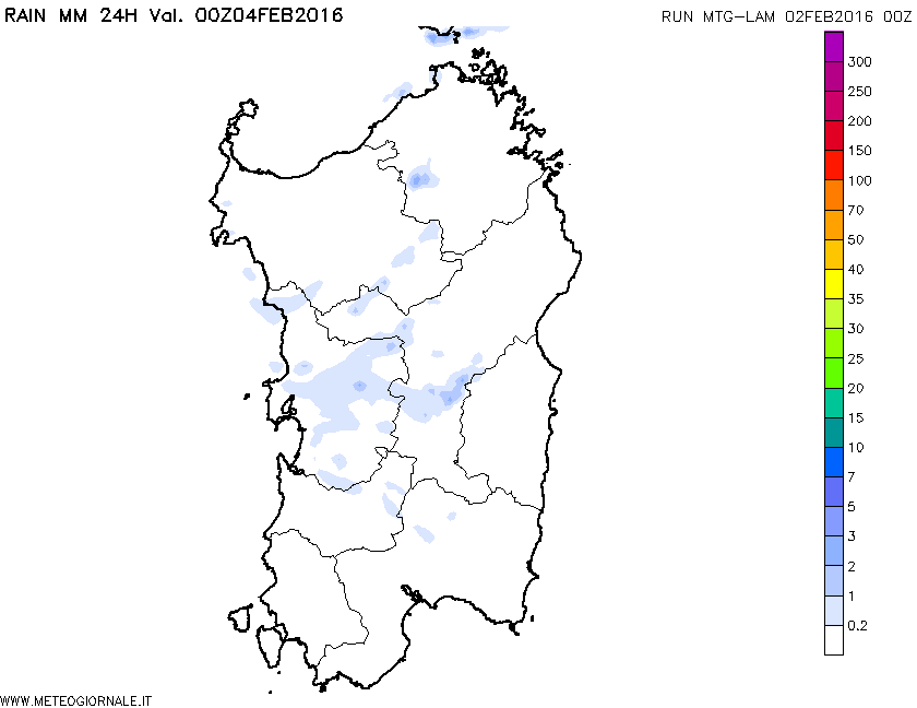 Le precipitazioni totali, in mm, per la giornata di mercoledì 03 Febbraio.