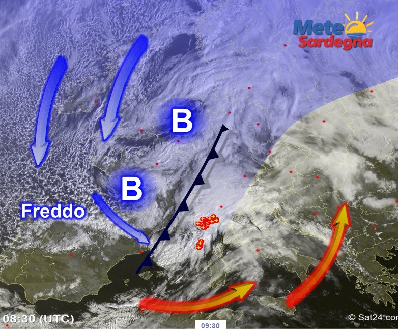 Fonte immagine Sat24, rielaborazione grafica a cura della Redazione del Meteo Sardegna.