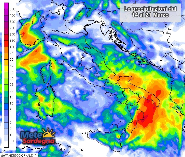 Le precipitazioni previste dal 14 al 21 marzo.