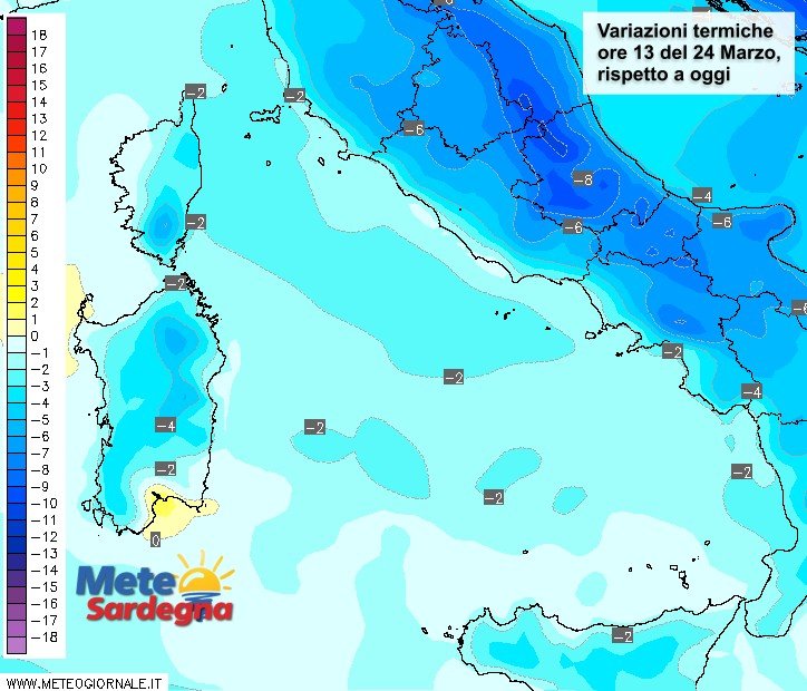 Le variazioni di temperatura delle ore 13 del 24 marzo, rispetto a oggi.