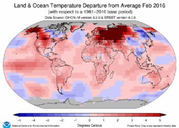 anomalie termiche planetaria febbraio 2016 350x250 - Febbraio 2016 è stato più caldo di gennaio! Sarà record?