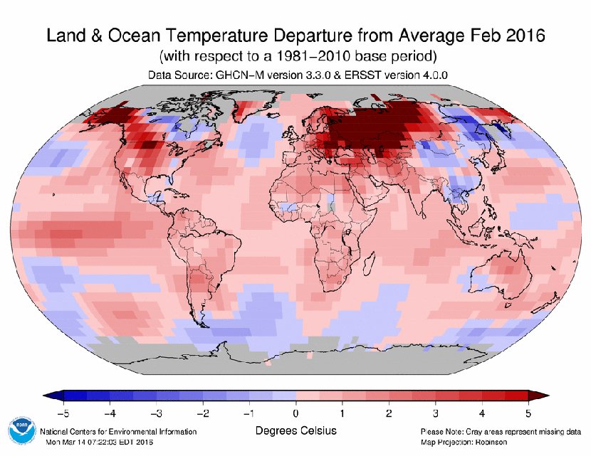 anomalie termiche planetaria febbraio 2016 - Febbraio 2016 incredibile: è stato il più caldo di sempre, dati allarmanti