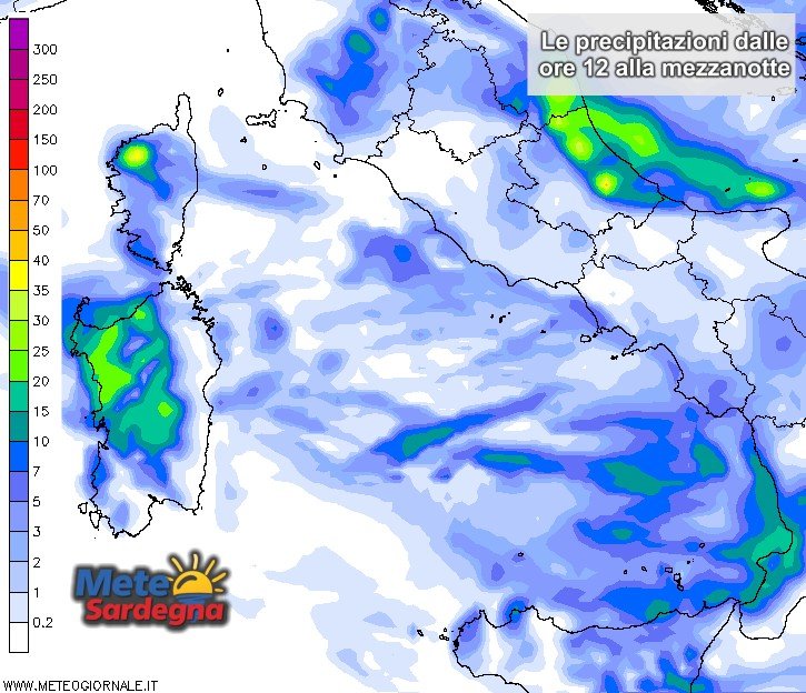 Piogge Sardegna 3 - In dettaglio le precipitazioni sino alla mezzanotte