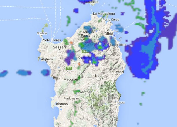 Radar - Rovesci di pioggia in atto nel nord dell'Isola