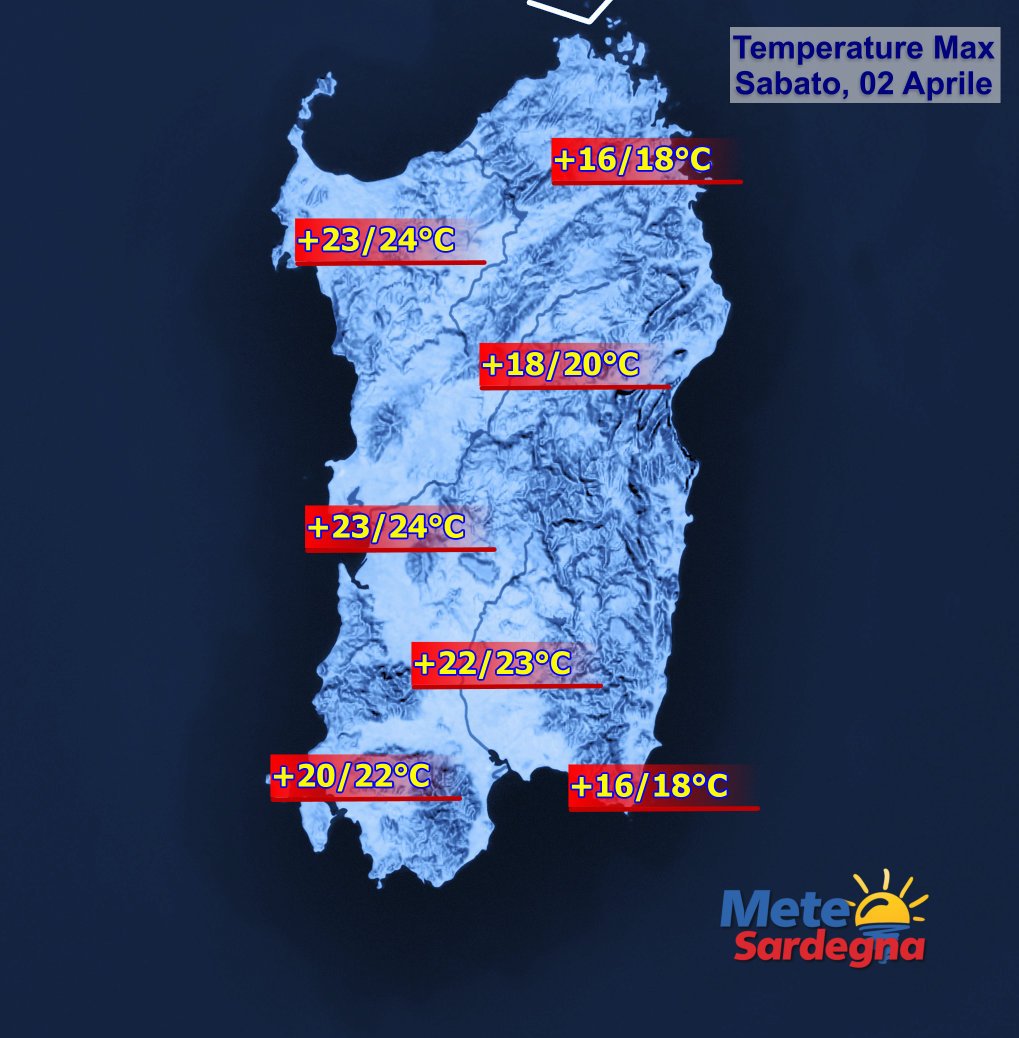 Temperature massime Sardegna - Oggi punte di 24°C a ovest, più umido e fresco a est