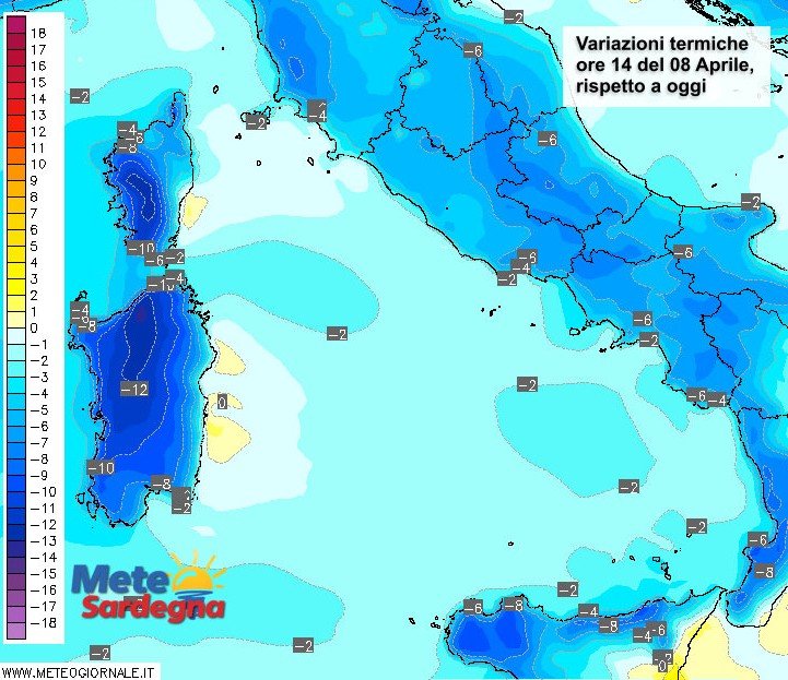 Le variazioni di temperatura delle ore 14 di venerdì 08 aprile, rispetto a oggi.