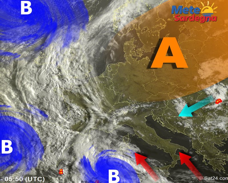 Fonte immagine Sat24, rielaborazione grafica a cura della Redazione del Meteo Sardegna.