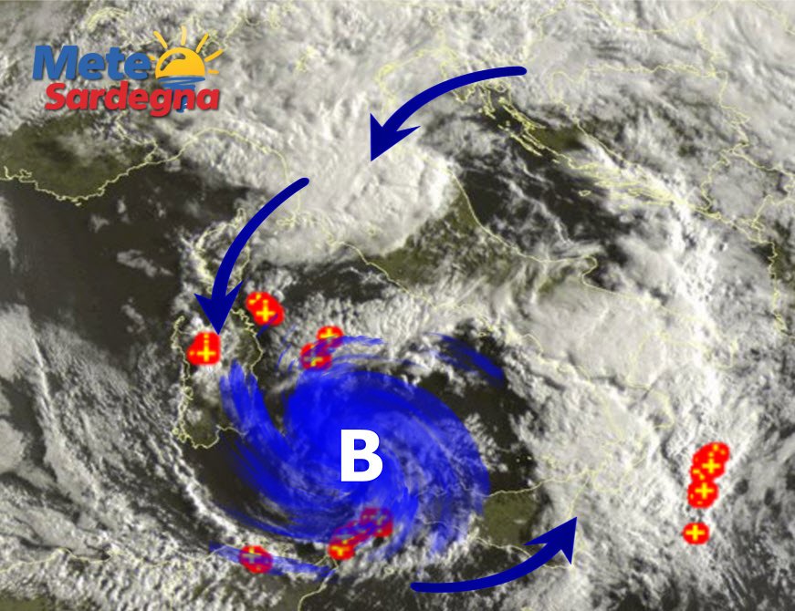 Meteosat - Vortice perturbato a ridosso della Sardegna: piogge, temporali, anche neve