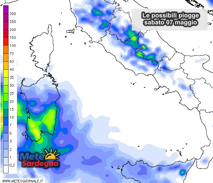 Le precipitazioni attese nella giornata di sabato 07 maggio.