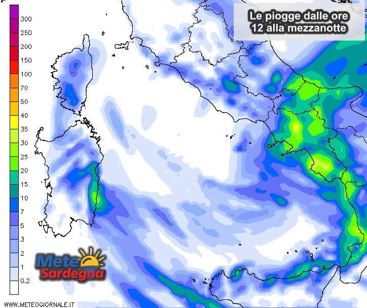 Le piogge previste dalle ore 12 alla prossima mezzanotte.
