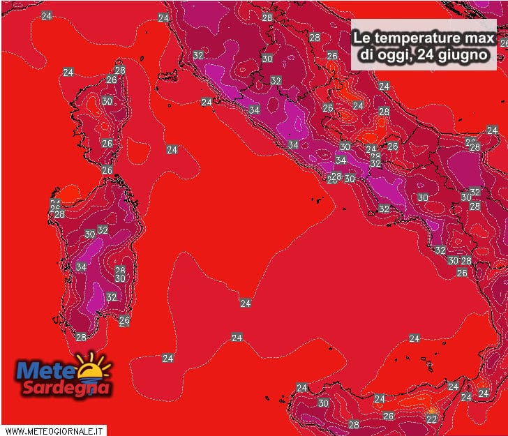 Le temperature massime previste per il 24 giugno 2016.