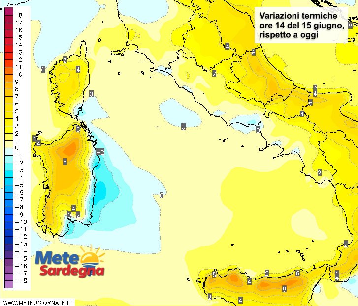 Le variazioni termiche delle ore 14 del 15 giugno, rispetto alla stessa ora di oggi.