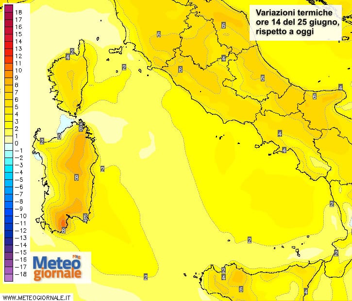 Le variazioni termiche delle ore 14 del 25 giugno, rispetto alla stessa ora di oggi.