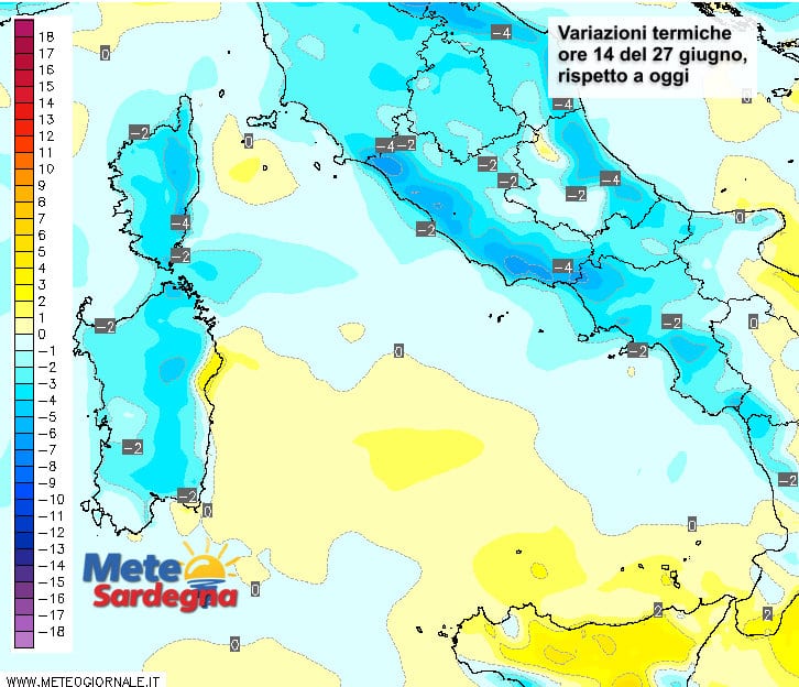 Le variazioni termiche delle ore 14 di lunedì 27 giugno, rispetto alla stessa ora di oggi.