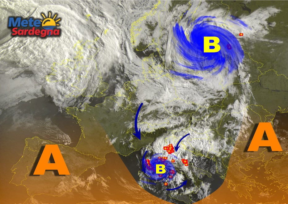 Fonte immagine Sat24, rielaborazione grafica a cura della Redazione del Meteo Sardegna.