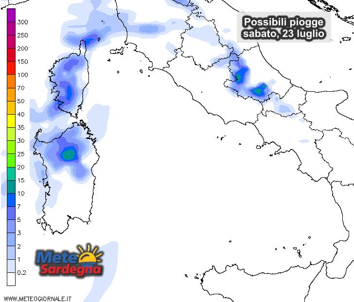 Le possibili precipitazioni di sabato 23 luglio 2016.