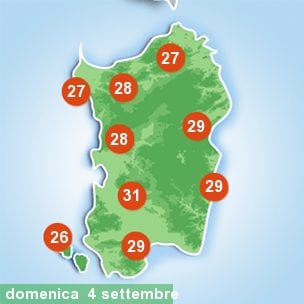 sardegna tmax 2016 09 04 - Dopo i fugaci temporali, attesi in parte dell'Isola anche giovedì, nuova fase di caldo estivo sulla Sardegna