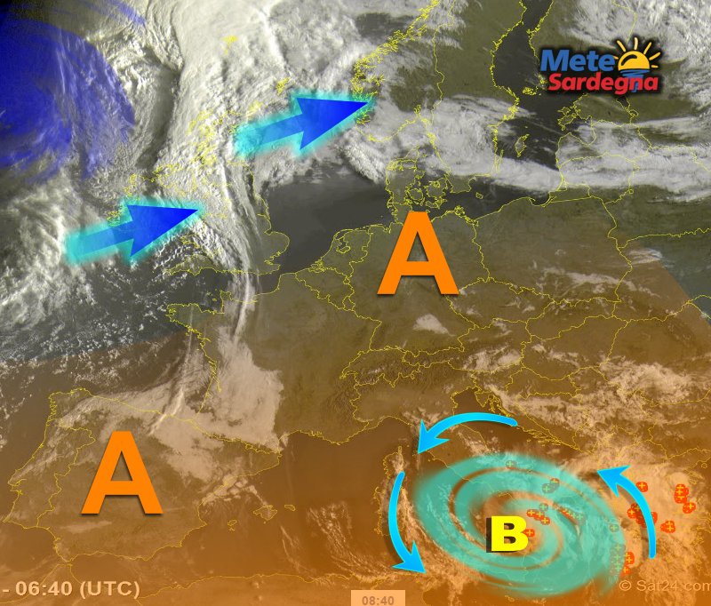 Fonte immagine Sat24, rielaborazione grafica a cura della Redazione del Meteo Sardegna.