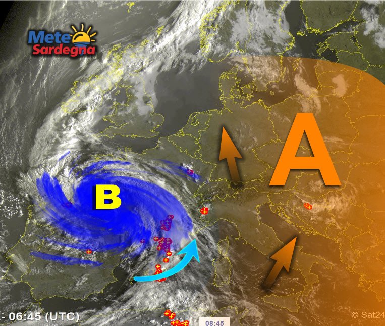 Fonte immagine Sat24, rielaborazione grafica a cura della Redazione del Meteo Sardegna.