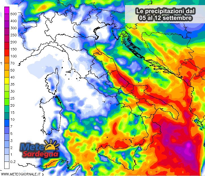 Le possibili precipitazioni dal 05 al 12 settembre.