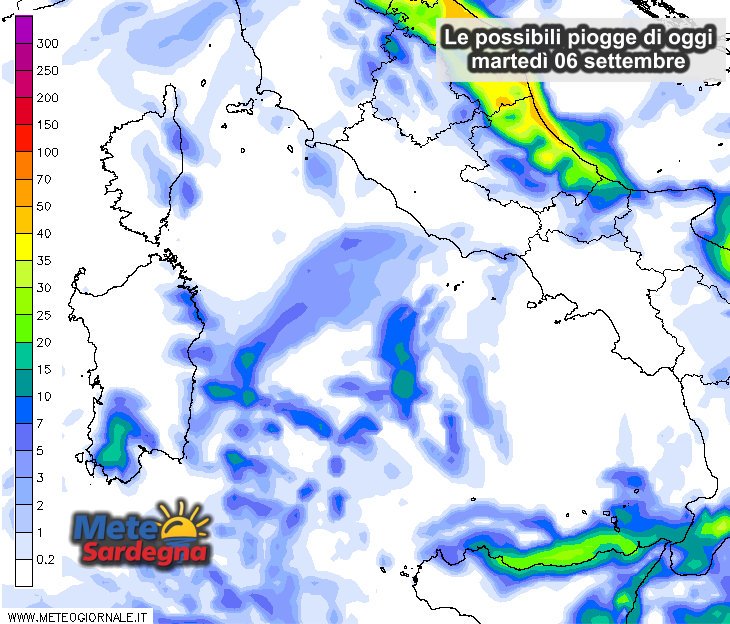 Le possibili piogge di oggi, martedì 06 settembre.