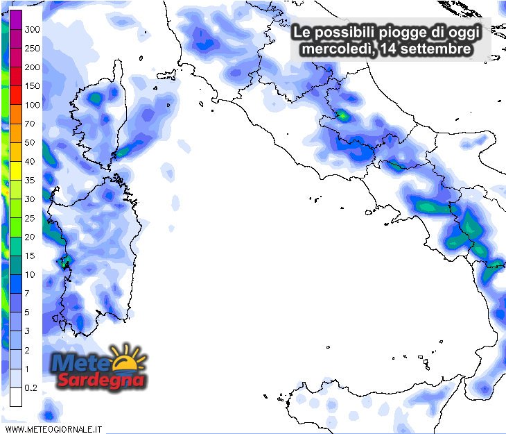 Le piogge di oggi, mercoledì 14 settembre.