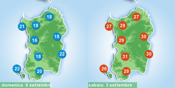 Le temperature massime e minime previste per oggi e la prossima notte.