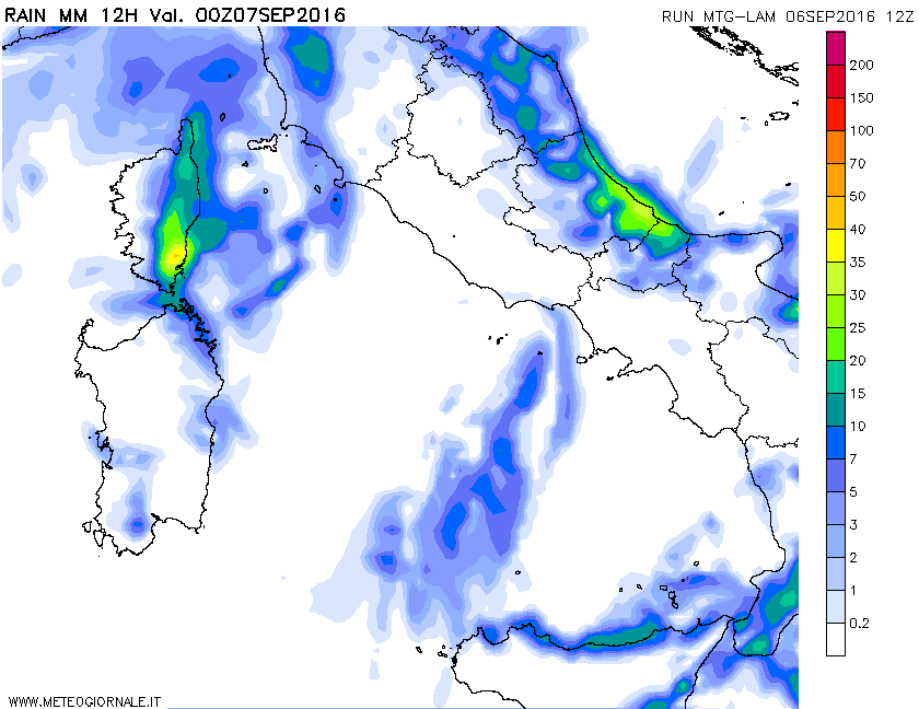 Le possibili precipitazioni dalle ore 12 alla mezzanotte del 07 settembre.