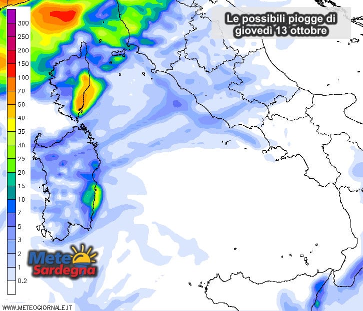 Le possibili piogge di giovedì 13 ottobre.