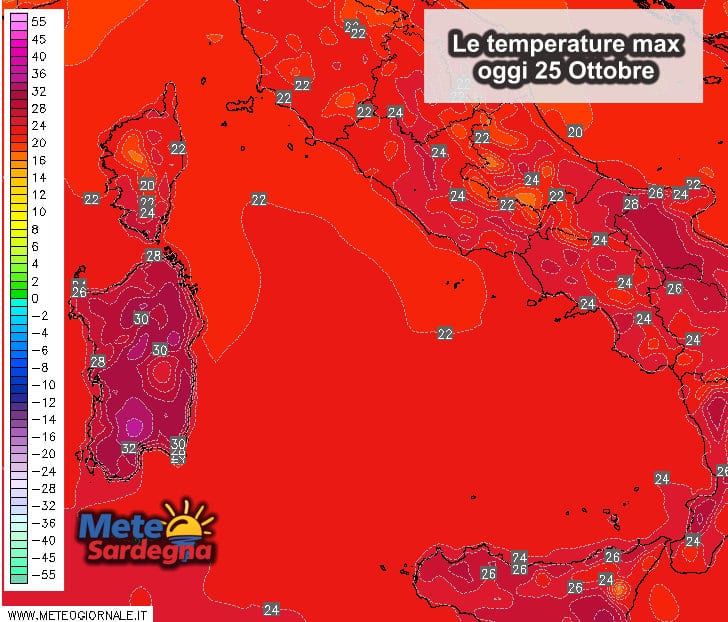 Le temperature massime di oggi, martedì 25 ottobre.