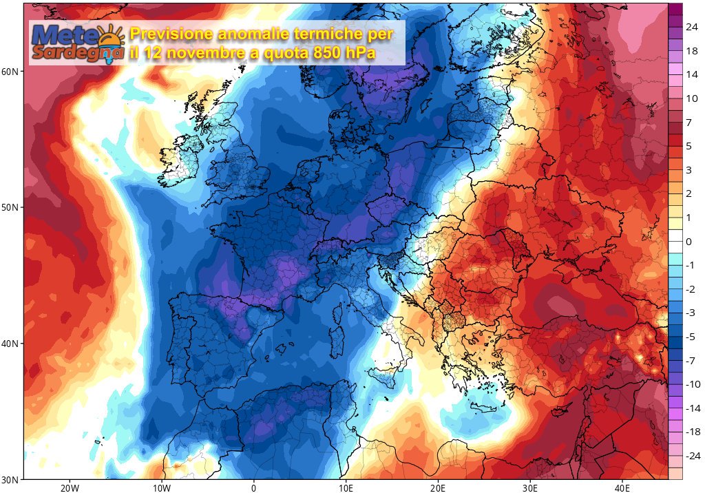 La previsione delle anomalie termiche per la giornata del 12 novembre.