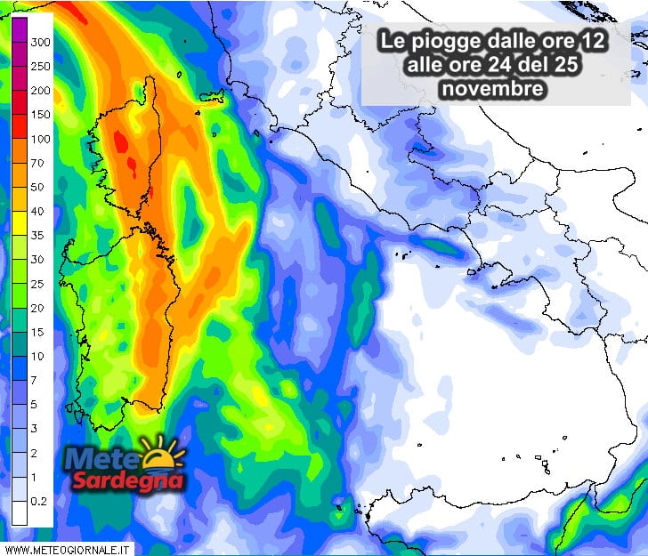 Le piogge dalle ore 09 alla mezzanotte del 25 novembre.