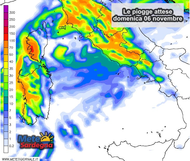 Gli accumuli di pioggia attesi nella giornata di domenica 06 novembre.