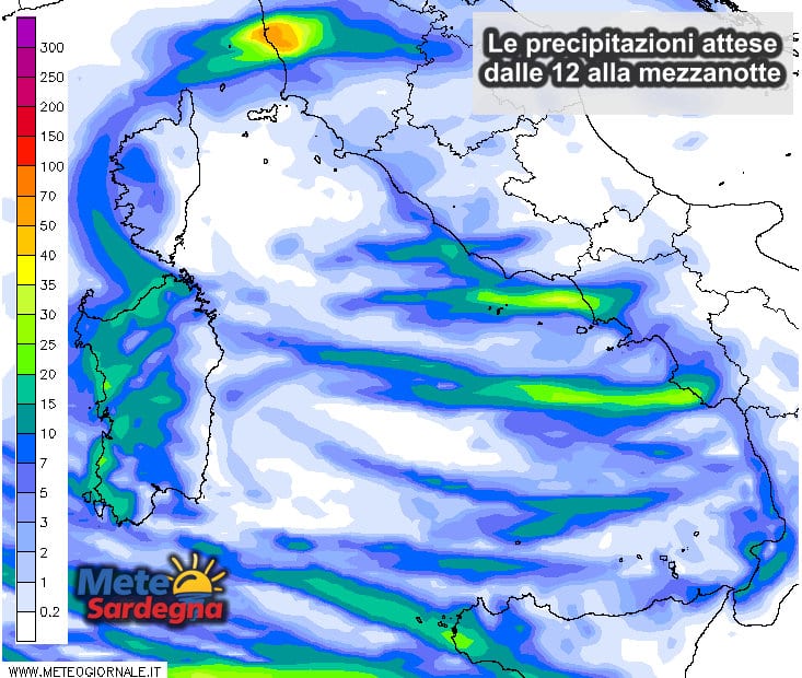 Le precipitazioni previste dalle ore 12 alla prossima mezzanotte.