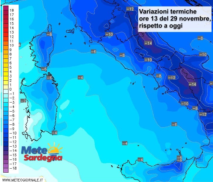 Le variazioni di temperatura delle ore 13 del 29 novembre, rispetto alla stessa ora di oggi.