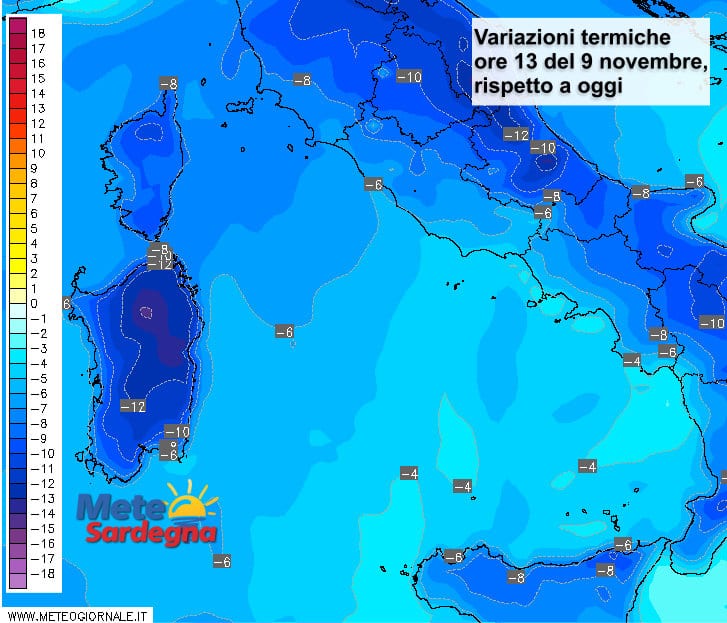 Le variazioni termiche delle ore 13 del 09 novembre, rispetto alla stessa ora di oggi.