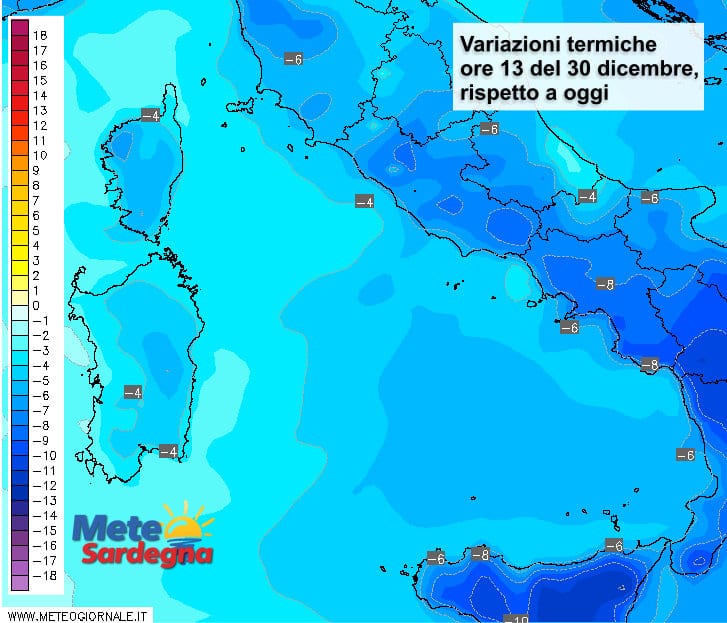 Le variazioni termiche delle ore 12 del 30 dicembre, rispetto alla stessa ora di oggi.