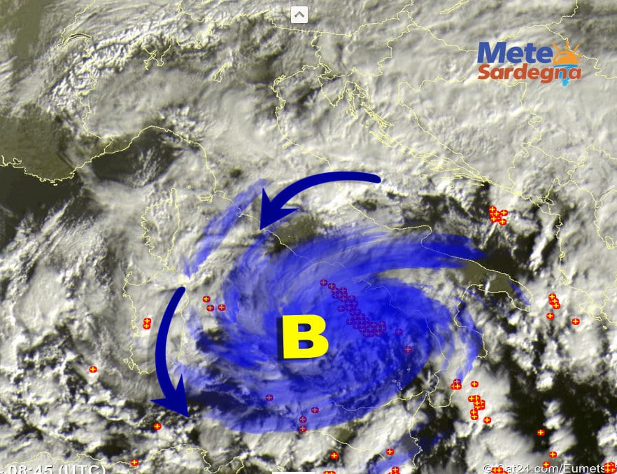 Fonte immagine Sat24, rielaborazione grafica a cura della Redazione del Meteo Sardegna.