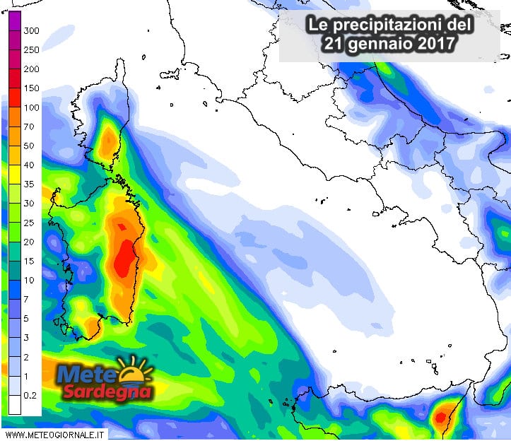 Le precipitazioni nell'arco della giornata di domani, sabato 21 gennaio.
