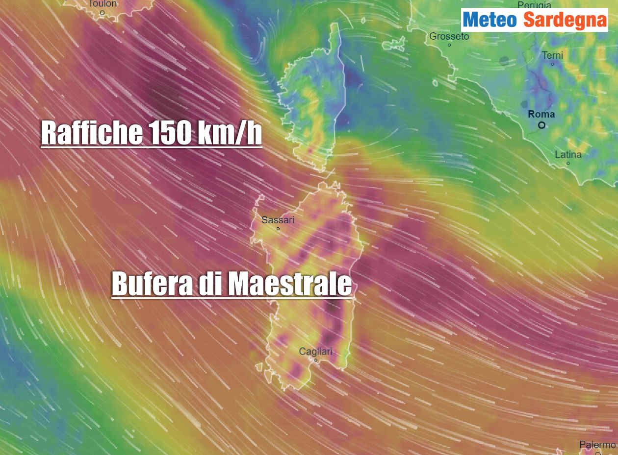 bufera di vento sardegna - Imminente, ingente bufera di vento in Sardegna: raffiche sino 150 km orari