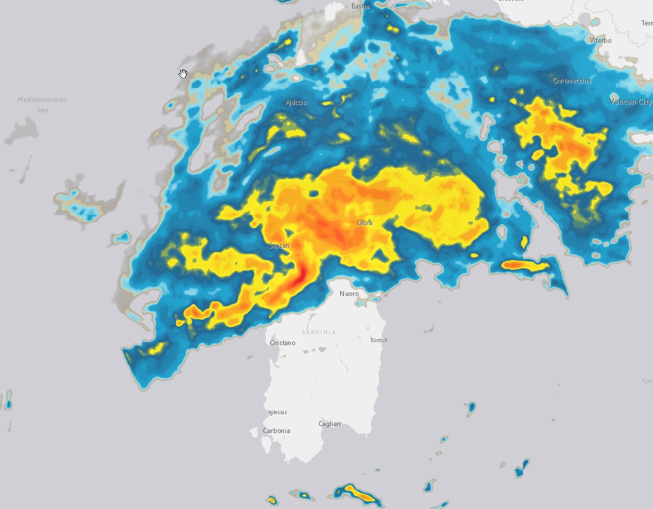 Radar meteo sulla Sardegna che mostra il maltempo che attualmente è nel nord regione.