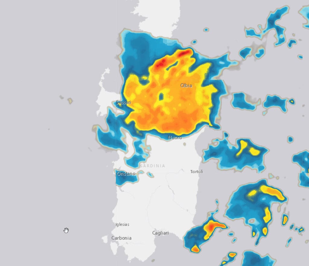 radar piogge sardegna 1024x882 - Gallura, La Maddalena, Orosei, Tortolì e Arbatax e non solo: temporali con meteo inclemente