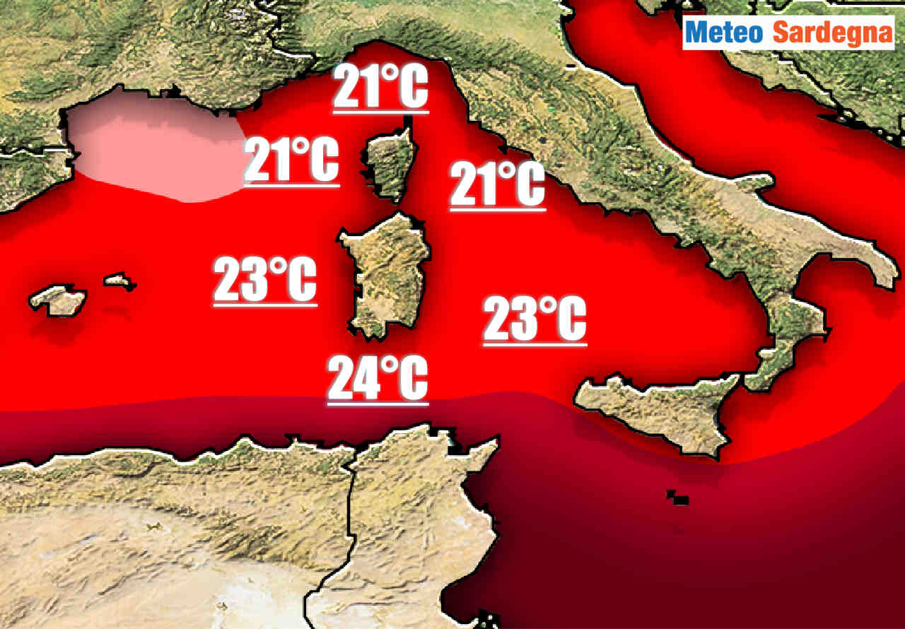 Calde acque superficiali attorno alla Sardegna.