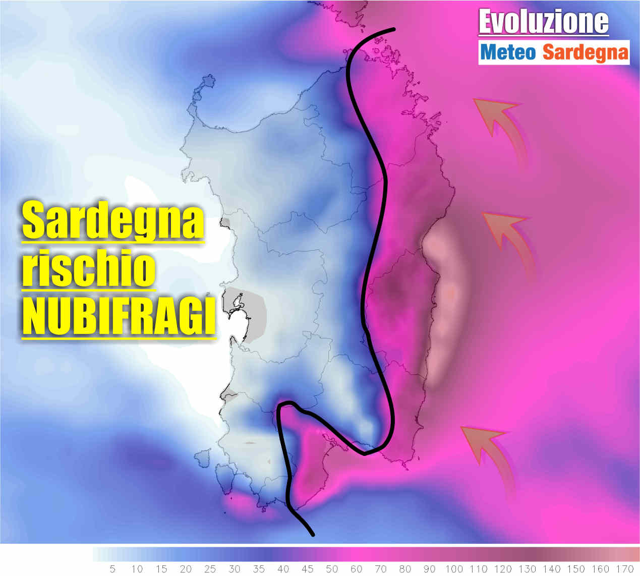 Piogge previste tra venerdì e sabato in Sardegna. Evidente meteo avverso.