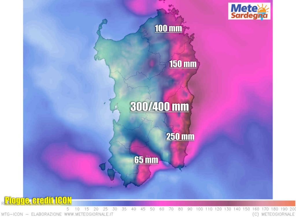 Precipitazioni previste modello meteo matematico ICON.